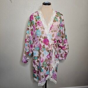 Vintage Gold Label Victoria's Secret Floral Robe Gold Metallic, Lace Trim  Small